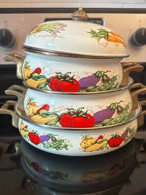 Vintage Enamelware Cookware Set: Vegetable Motif, Brass Handles